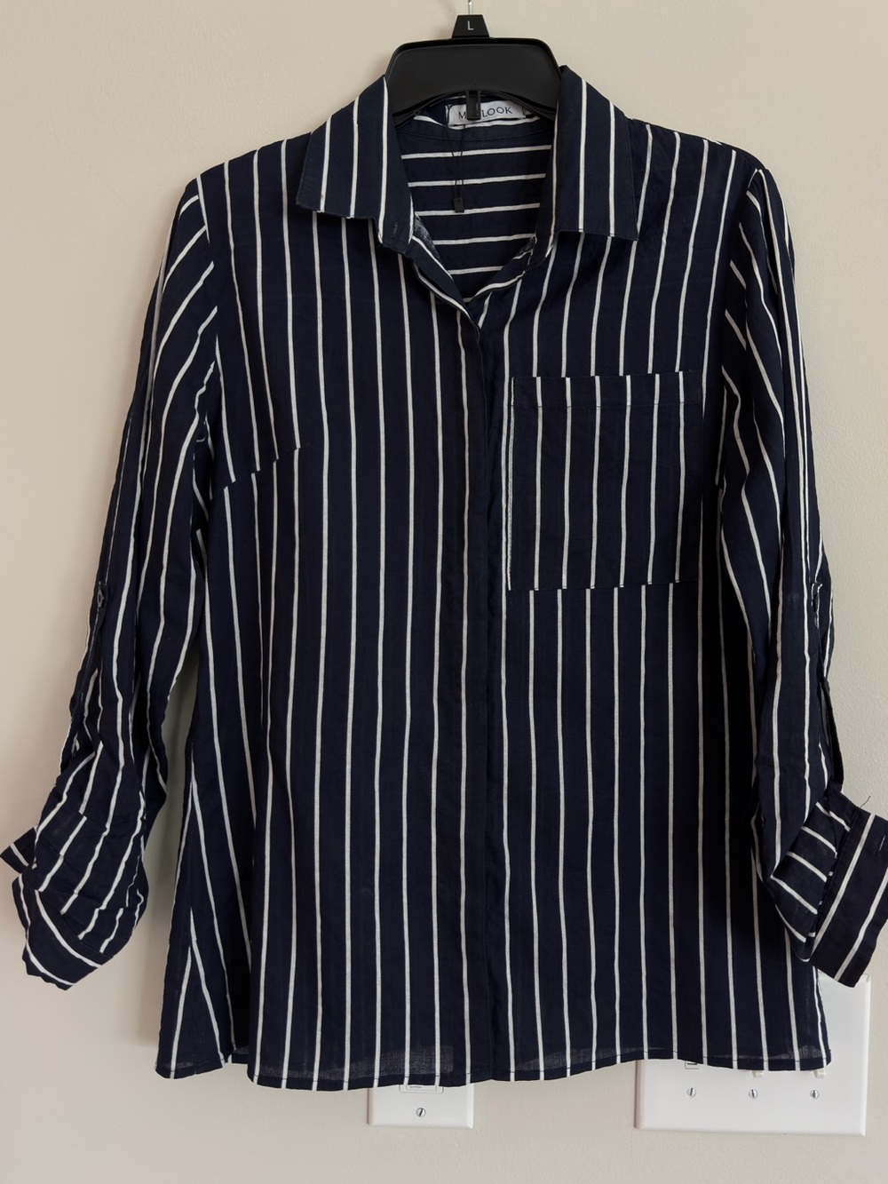 MISSLOOK Navy and White Striped Button-Up Shirt